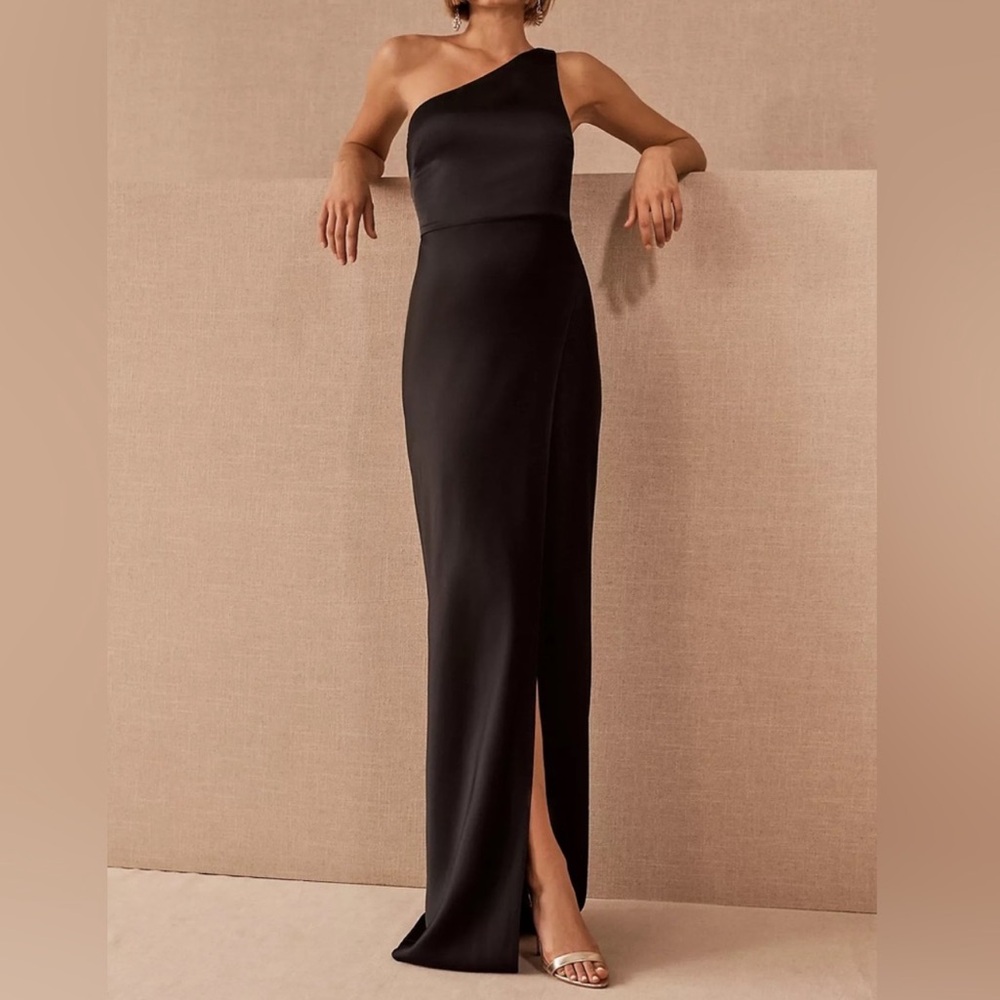 BHLDN Dylan One-Shoulder Satin Side Slit Gown (Black)